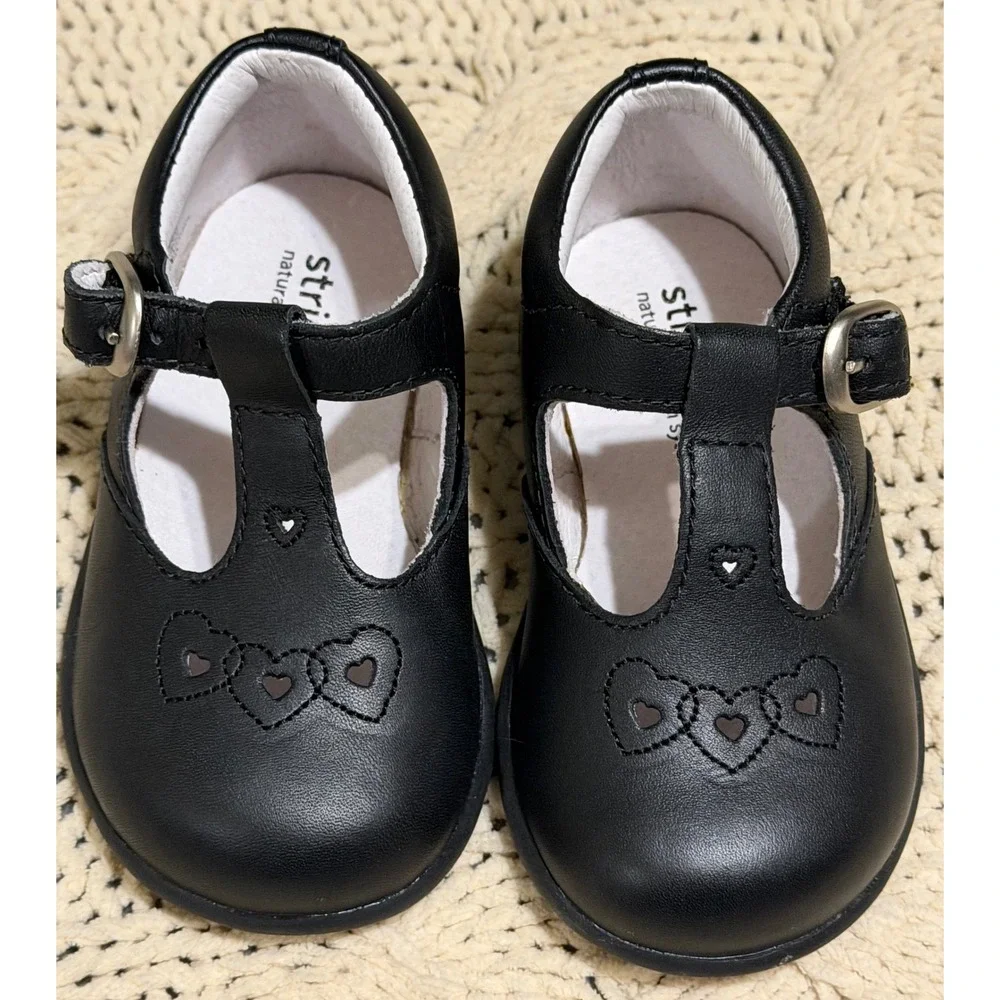 Stride Rite Black Leather Heart Mary Jane T-Strap Shoes 4W 3577426 Kids Baby